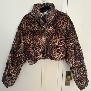 Tiger Mist Leopard Print Cropped Puffer Jacket - Brown